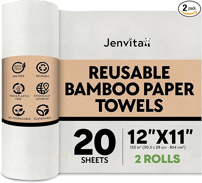 Reusable Bamboo Paper Towels |Heavy Duty, Absorbent & Durable | Reusable Washable Paper Towels | FSC Certified | 100% Rayon Derived From Bamboo | Kitchen Towels | 20 Sheets, 12"x11" | 2 Rolls