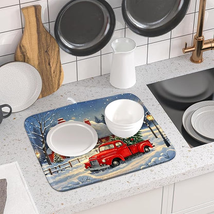 Christmas Dish Drying Mat for Kitchen Counter 16x18 Red Truck Winter Xmas Snow Scene Holiday Theme Absorbent Reversible Microfiber Drying Mats Kitchen Countertop Protector Dishes Drainer Pad