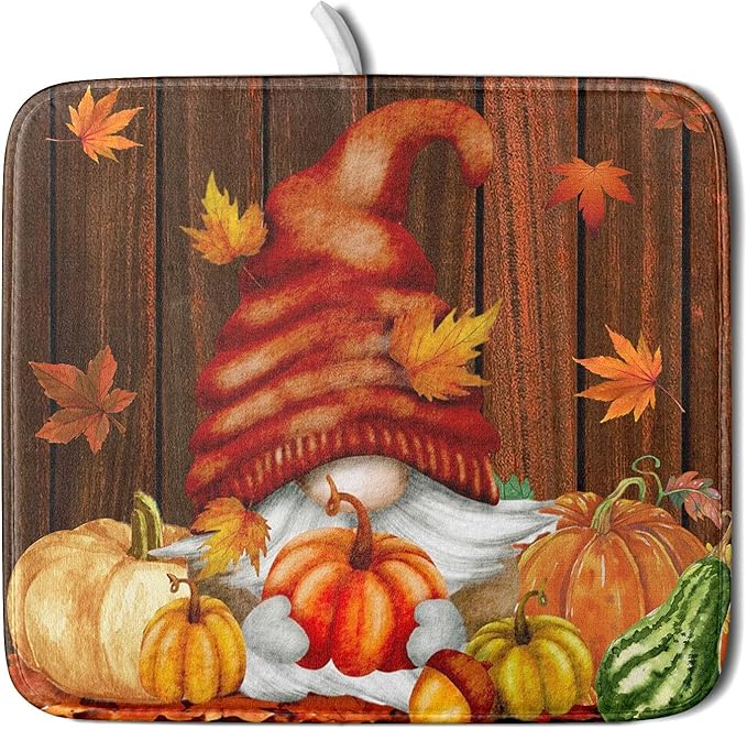 Fall Gnome Dish Drying Mat for Kitchen Counter,Autumn Pumpkin Maple Leaves Drying Mat 16 x 18 Inch Microfiber Dark Brown Wood Dish Drying Pad Dish Rack Drainer Mat Thanksgiving Day Decor