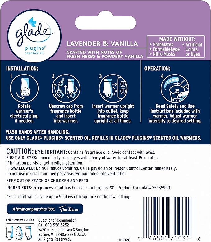 Glade PlugIns Refills Air Freshener, Scented and Essential Oils for Home and Bathroom, Lavender & Vanilla , 1.34 Fl Oz, 2 Count (Pack of 1)