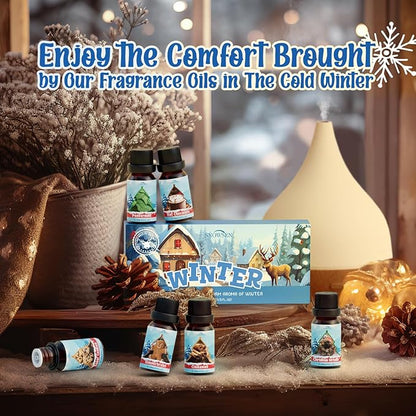 Winter Essential Oil Set, 6x10ml Fragrance Oils for Diffuser & Candle Making - Christmas Wreath, Gingerbread, Sugar Cookies, Hot Chocolate, Peppermint, Cinnamon Aromatherapy Oils for Home