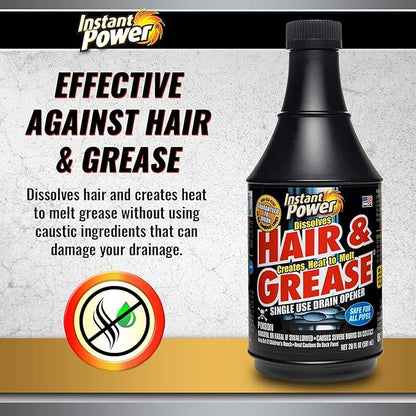 Instant Power Hair and Grease Drain Opener – Multipurpose Liquid Drain Cleaner and Clog Remover, Odorless, Ready to Use, 20 Oz, 6 Pack