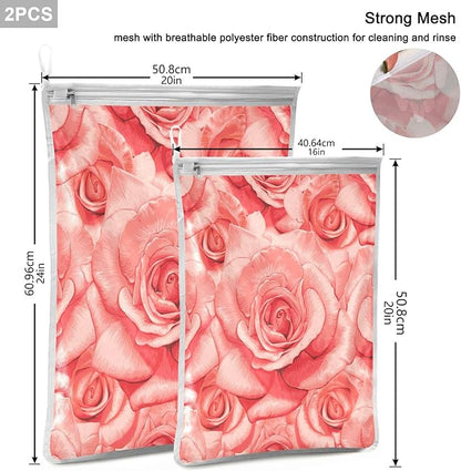 Mesh Laundry Bags Lingerie Bags for Washing Delicates 2 PCS Wash Bag with Zipper Small and Medium Washable Red Roses
