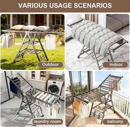 Heavy Duty 3-Tier Clothes Drying Rack with Wheels & Shoe Rack - Large 5.9ft Foldable Metal Laundry Stand, Portable Collapsible Clothing Hanger for Indoor Outdoor Use in Laundry Room