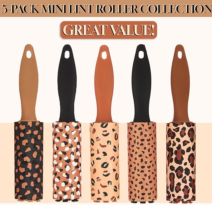 Expressions 5pc Mini Lint Rollers Value Pack - Colorful Compact Mini Lint Roller for Travel, Household Essentials Pet Hair Removal Tool & Lint Removers for Clothing (Brown)