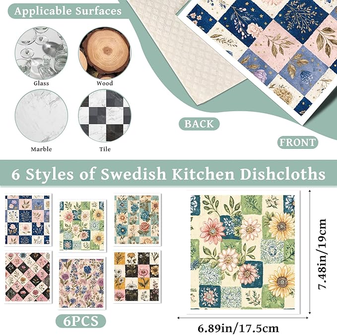 Swedish Dishcloths for Kitchen, 6 Pack Retro Floral Swedish Dish Cloths, Absorbent Vintage Flower Sponge Cleaning Towels Wipes for Kitchen Cooking Home Decoration Housewarming Gifts