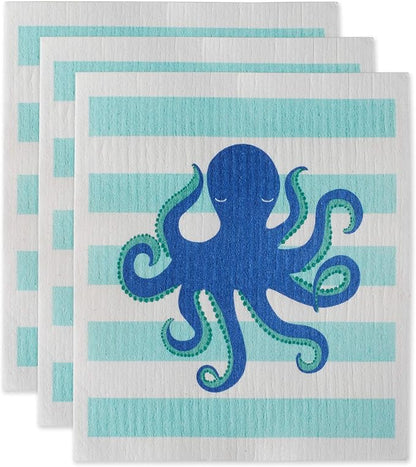 DII Swedish Dishcloths for Kitchen & Cleaning, Reusable, Machine Washable & Dishwasher Safe, Biodegradable, 7.75 x 6.75, Octopus, 3 Piece