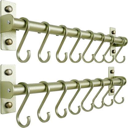 Dseap Kitchen Utensil Holder Hanger, Pot and Pan Rack Wall Mounted, Kitchen Rail with 8 Hooks for Hanging Cooking Utensils, Mugs, Spoons, Wall Mounted,Champagne Color, Pack of 2