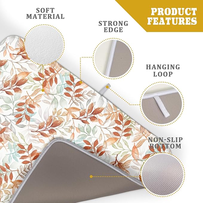 Fall Dish Drying Mat for Kitchen Counter 18x24 Burnt Orange Leaves Autumn Harvest Theme Thanksgiving Absorbent Reversible Microfiber Drying Mats Kitchen Countertop Protector Dishes Drainer Pad