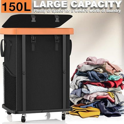 150L (40 Gal) Large Fashion Laundry Basket with Wheels, Leather Patchwork Rolling Hamper Carts, Sturdy Metal Frame, Removable Washable Bag, Tall Clothes Sorter for Bedroom, Laundry Room, Dorm - Black