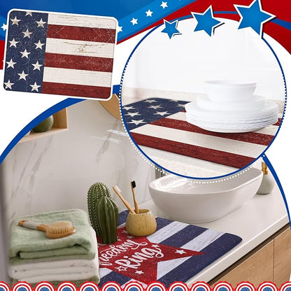 SiliFine 2 Pcs Memorial Day Dish Drying Mat for Kitchen 18 x 24 Inch 4th of July 250th Anniversary USA Patriotic Red White Blue Independence Day Star Microfiber Drainer Mat for Countertop