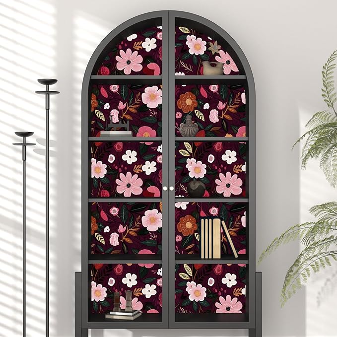 Fvlow Red Pink Floral Wallpaper Peel and Stick 17.4" X 118" Dark Red Gothic Witchy Contact Paper Flower Removable Covering for Bedroom Cabinet Bathroom Vintage Retro Goth Home Decor