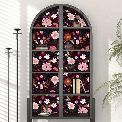Fvlow Red Pink Floral Wallpaper Peel and Stick 17.4" X 118" Dark Red Gothic Witchy Contact Paper Flower Removable Covering for Bedroom Cabinet Bathroom Vintage Retro Goth Home Decor