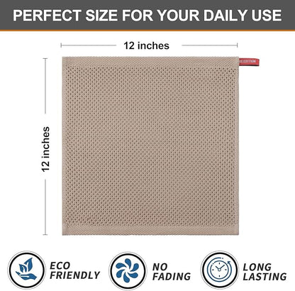 Kitinjoy 100% Cotton Kitchen Dish Cloths (12 X 12 Inches, Tan), 6 Pack Waffle Weave Ultra Soft Absorbent Dish Towels for Drying Dishes Quick Drying Kitchen Towels Dish Rags