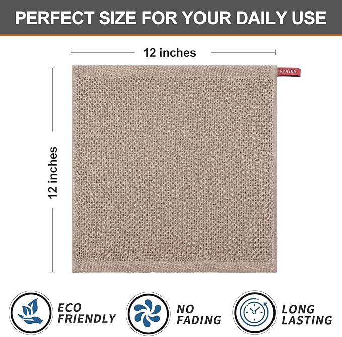 Kitinjoy 100% Cotton Kitchen Dish Cloths (12 X 12 Inches, Tan), 12 Pack Waffle Weave Ultra Soft Absorbent Dish Towels for Drying Dishes Quick Drying Kitchen Towels Dish Rags