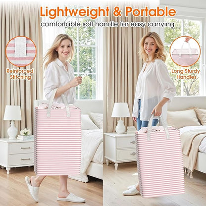 3 Pack Large Laundry Basket,Waterproof & Freestanding Laundry Hamper,Collapsible Clothes Hampers with Easy Carry Long & Reinforced Handles in Bathroom,College Dorm(88Lx3,Pink)