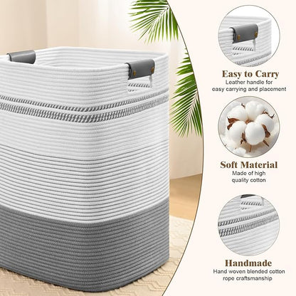 Laundry Hamper, 85L Tall Laundry Basket with Leather Handles, Rectangle Large Clothes Hamper for Organizing, Cotton Woven Laundry Baskets Storage Hampers for Bedroom, Nursery, Living Room