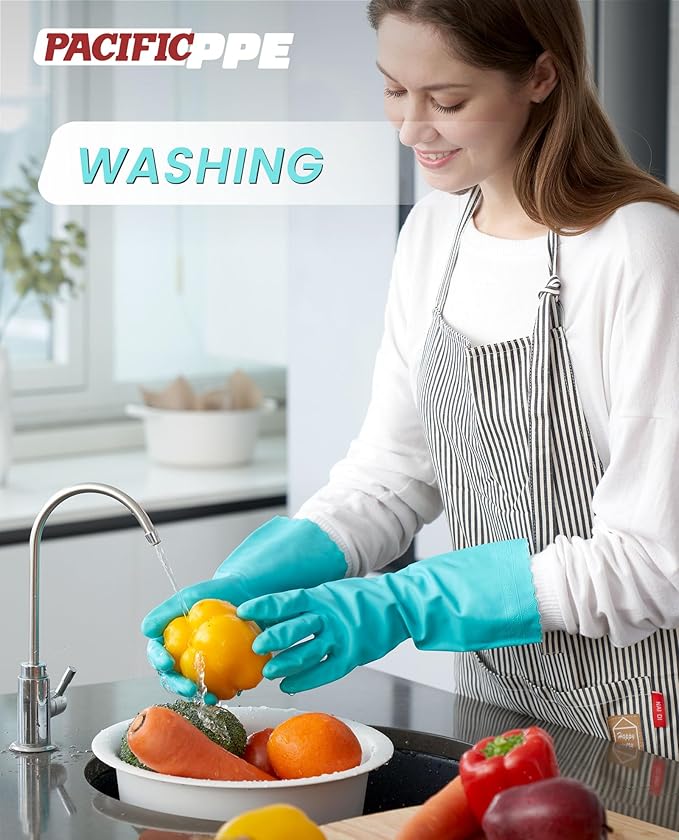 PACIFIC PPE 2 Pairs Reusable Dishwashing Cleaning Gloves with Latex Free, Cotton Lining, Kitchen Gloves, Green, Large