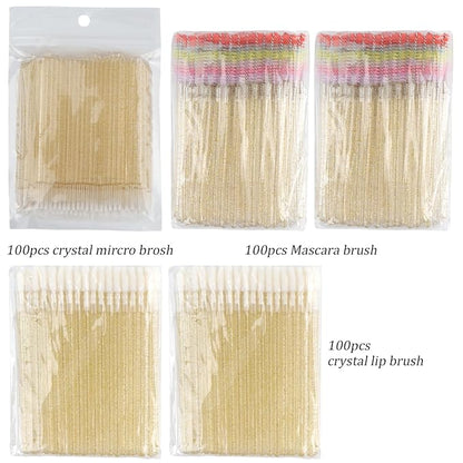 300 PCS Eyelash Extension Supplies Kit, Disposable Micro Applicator,Crystal Eyebrow Spoolie Lash Brush, Lip Gloss Brush, Mascara Wand Applicator(colorful+gold)