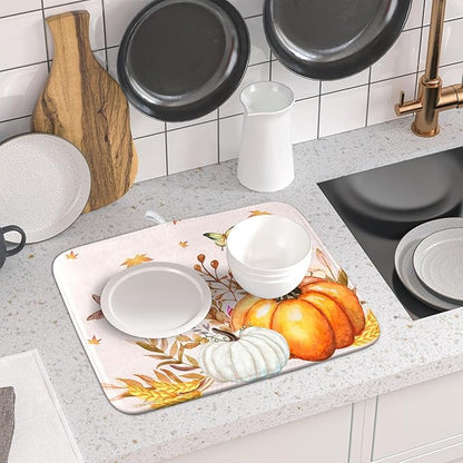 Fall Pumpkin Maple Dish Drying Mat for Kitchen Counter,Autumn Butterflies Harvest Drying Mat 16 x 18 Inch with Absorbent Reversible Microfiber Dish Drying Pad Dish Rack Drainer Mat for Coffee Bar