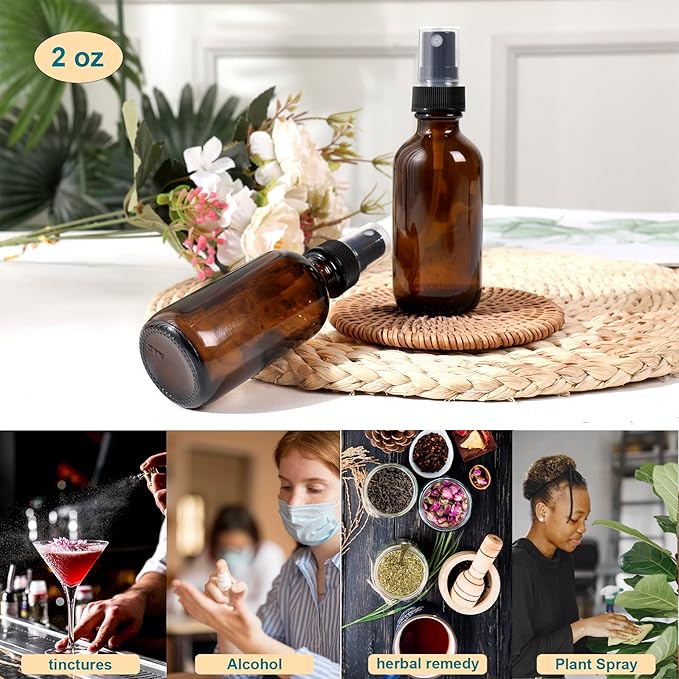 NOOEEISS Amber Glass Small Spray Bottle 2 oz 24 Packs,Fine Mist Sprayer Small Clear Bottles,Refillable Containers mini spray bottles for Cleaning Solutions and Skin Care (Amber 24pcs)