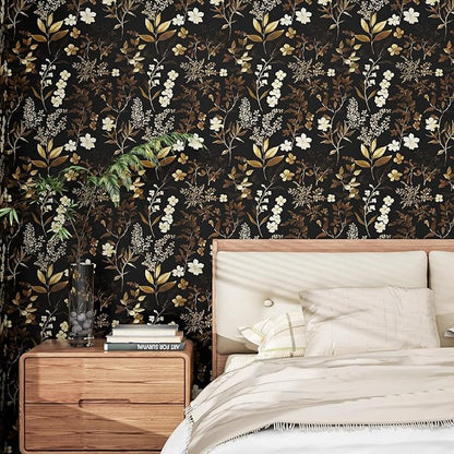 Fvlow Vintage Leaf Wallpaper Peel and Stick Gold Leaf Contact Paper 17.4" x 393" Black Floral Waterproof Self-Adhesive Wall Covering for Bedroom Countertop Desk Cabinets