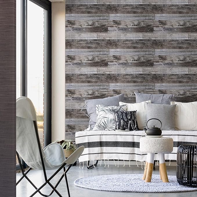 Yun-aeon Gray Wood Peel and Stick Wallpaper 34.6" X 480" Self Adhesive Wallpaper Backsplash Line Removable Wall Paper Bathroom Old Furniture Renovation Furniture