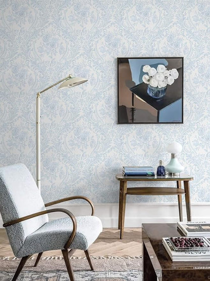 Ismoon Floral Peel and Stick Wallpaper Blue Contact Paper Boho Watercolor Damask Wallpaper Vintage Textured Removable Self Adhesive Vinyl Wall Paper Renter Friendly, 17.3 in X 32.7 ft
