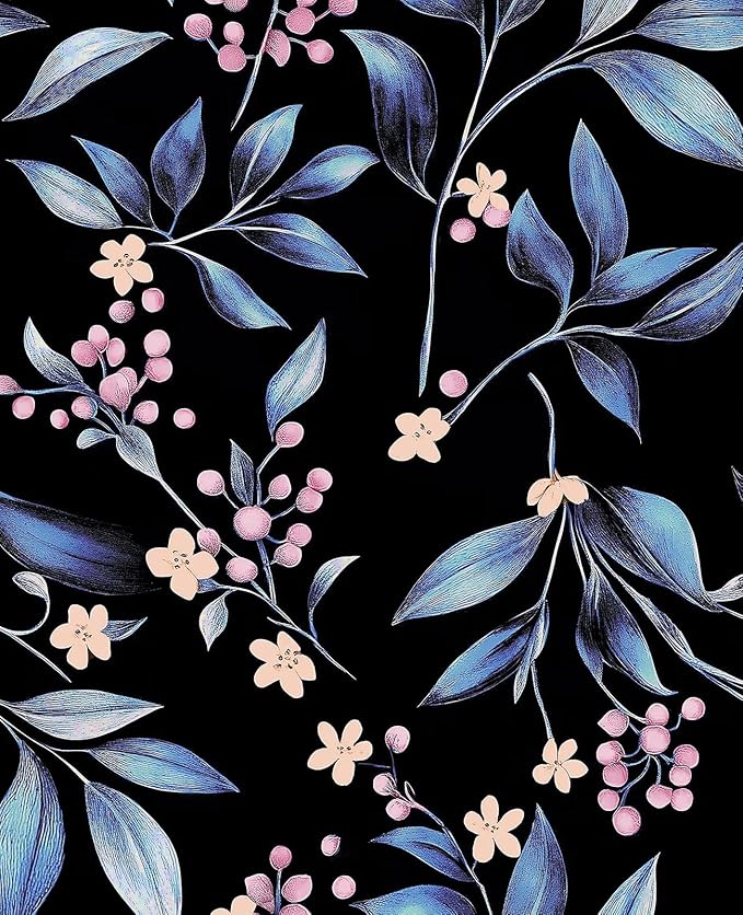 Dark Peel and Stick Wallpaper Vintage, Black Blue Leaf Removable Self-Adhesive Vinyl Contact Paper for Bathroom Bedroom Drawer Cabinet, Black Navy Gold Floral Design Retro Style 17.5" x 118"