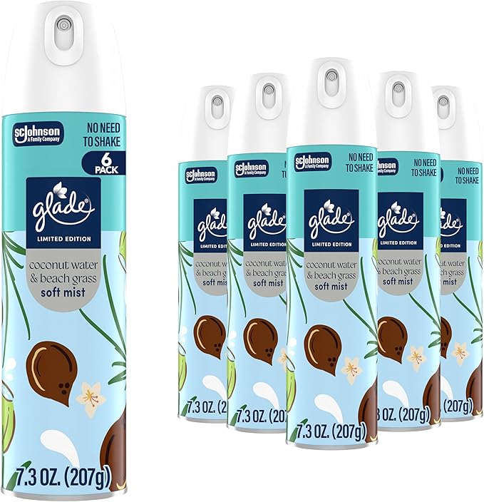 Glade Odor Fighting Soft Mist Air Freshener Room Spray, Coconut Water & Beach Grass, 7.3 oz., 6 count