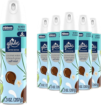 Glade Odor Fighting Soft Mist Air Freshener Room Spray, Coconut Water & Beach Grass, 7.3 oz., 6 count