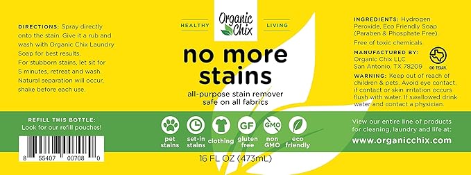 No More Stains, Natural Stain Remover, Non-toxic 32 ounce Refill Pouch and empty spray bottle
