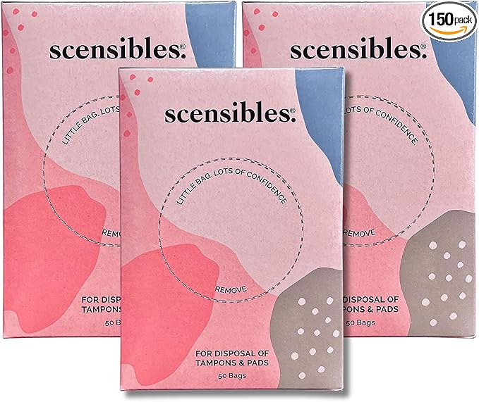 Scensibles Personal Care Disposal Bags (150 Count, Pack of 3) - for Tampons, Pads, Liners, Condoms & More - Discreet, Hygienic & Odor-Reducing Disposal Solution