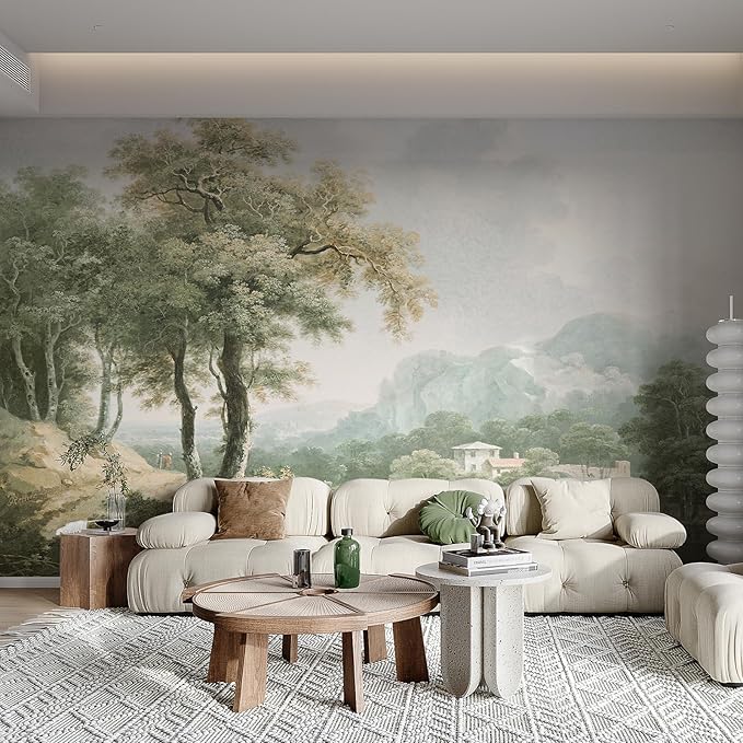 Zeeko Vintage Forest Wall Murals Peel and Stick 148"x98" Canvas Waterproof Self-Adhesive Removable Wallpaper for Bedroom Living Room Green Countryside Landscape Wall Art Decor