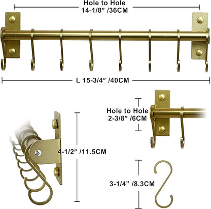 Dseap Kitchen Utensil Holder Hanger, Pot and Pan Rack Wall Mounted, Kitchen Rail with 8 Hooks for Hanging Cooking Utensils, Mugs, Spoons, Wall Mounted, Champagne Color