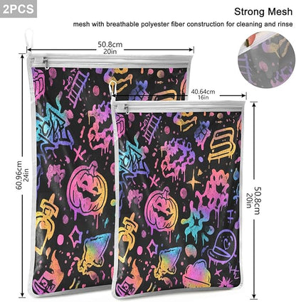 Mesh Laundry Bags Lingerie Bags for Washing Delicates 2 PCS Durable Wash Bag with Zipper Small and Medium Washable Black Punk Pumpkin Halloween