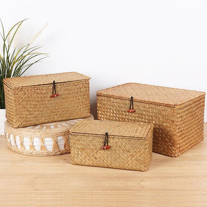 Wicker Shelf Baskets with Lid,Natural Seagrass Storage Basket Boxes Handwoven Rectangular Baskets Bins Multipurpose Home Organizer Decor (Small)