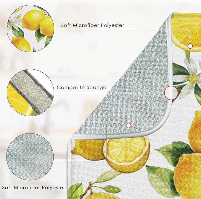 Sanwarm Absorbent Dish Drying Mat, Floral Lemon Fruits Vintage Microfiber Pad for Kitchen Counter, Coffee Bar Decor, Heat Resistant and Reversible, 16" x 18"