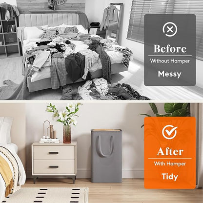 Lifewit 50L Slim Laundry Hamper, Narrow Small Laundry Basket with Handle for Dirty Clothes, Collapsible Tall Thin Laundry Bin for Bathroom Bedroom Dorm College, Grey