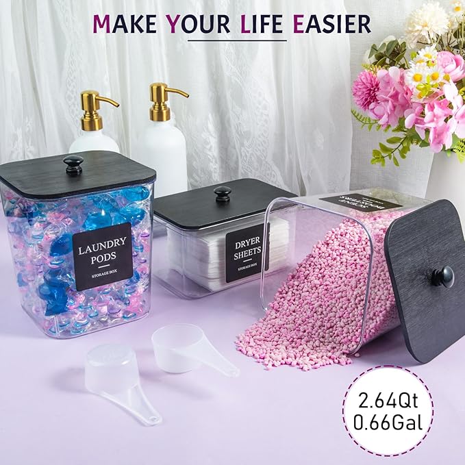 Laundry Pods Container, 3Pcs Acrylic Clear Laundry Room Organization Containers with Dryer Sheet Holder,Large Laundry Detergent Powder Storage Containers Black Wooden Lids & Labels