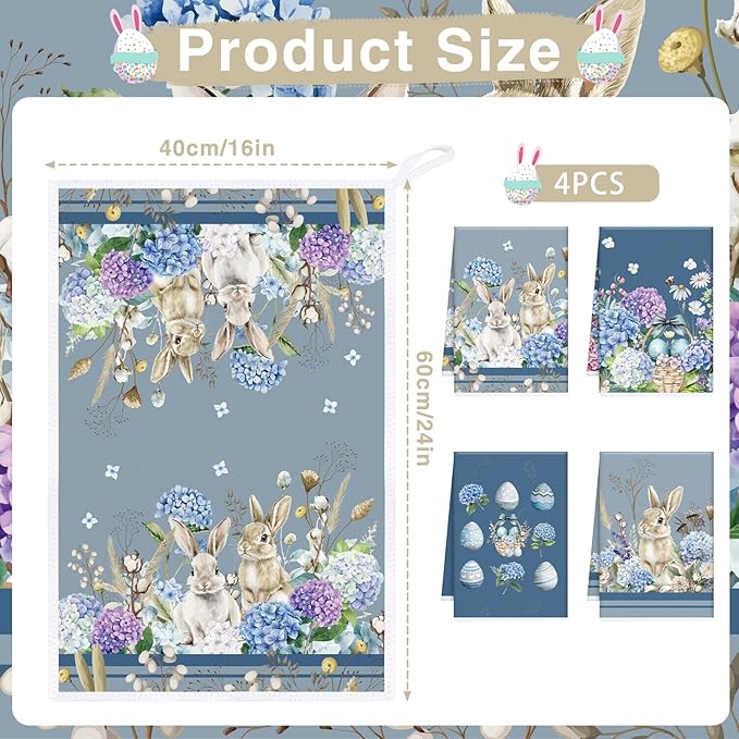 Easter Kitchen Towels Set of 4, Bunny and Hydrangea Dish Towels Gifts for Cooking Cleaning, Eggs and Flower Hand Towels with Hanging Loop for Bathroom Home Decor
