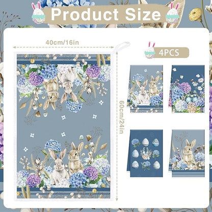 Easter Kitchen Towels Set of 4, Bunny and Hydrangea Dish Towels Gifts for Cooking Cleaning, Eggs and Flower Hand Towels with Hanging Loop for Bathroom Home Decor