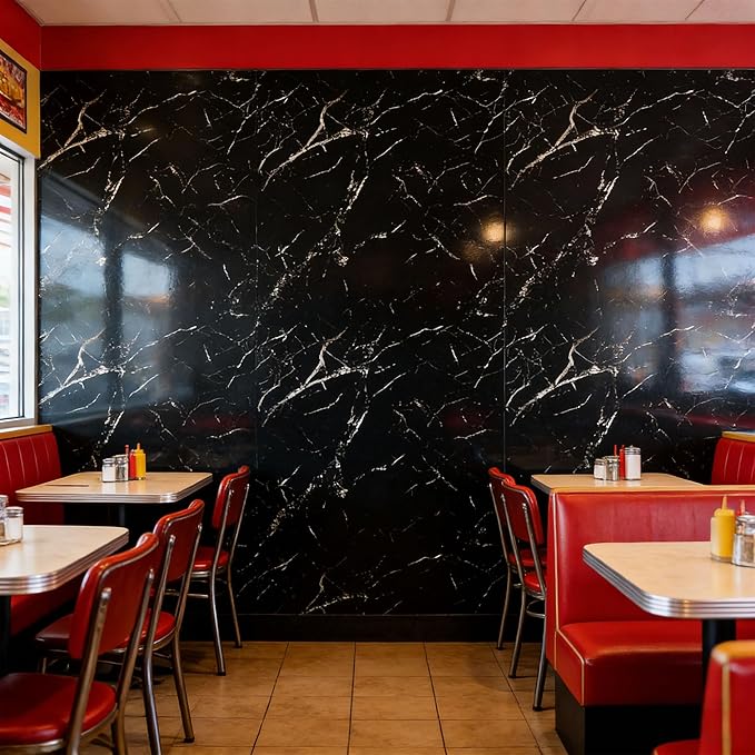 Black Statuario Marble Peel and Stick Wallpaper, Glossy Texture Vinyl Wall Panels, Waterproof Renter Friendly, 23.6" x 118", TV Accent Wall, Bathroom, Foyer, Coffee Shop Decor