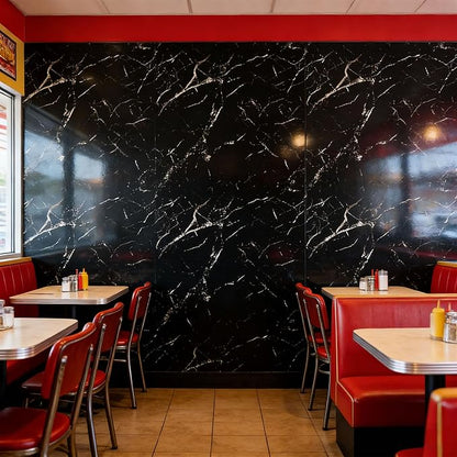 Black Statuario Marble Peel and Stick Wallpaper, Glossy Texture Vinyl Wall Panels, Waterproof Renter Friendly, 23.6" x 118", TV Accent Wall, Bathroom, Foyer, Coffee Shop Decor