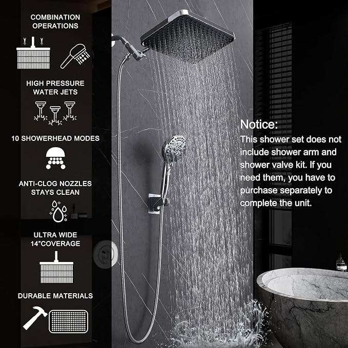 Rainfall Shower Head with Handheld, 14 Inch Rain Shower Head Combo,High Pressure Fixed Showerhead and 10 Spray Settings Handheld Shower Heads,Bathroom Accessories,Chrome