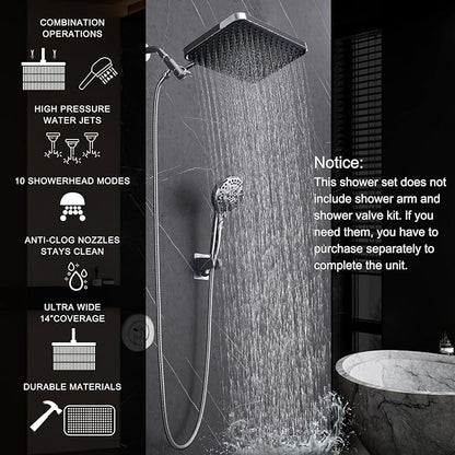 Rainfall Shower Head with Handheld, 14 Inch Rain Shower Head Combo,High Pressure Fixed Showerhead and 10 Spray Settings Handheld Shower Heads,Bathroom Accessories,Chrome