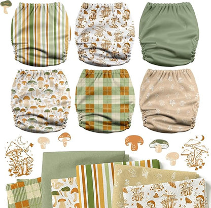 Mama Koala 3.0 Pocket Cloth Diapers for Babies with AWJ Lining, 6 Pack with 6 5-Layer Natural Cloth Diaper Inserts - Reusable and Washable Pocket Diapers(A-Mushrooms)