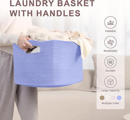 45L Small Baby Girls Laundry Basket for Nursery Storage,Cute Woven cotton Rope Baskets for Kids Toy，Gifts, Boho Square Wicker Blanket hamper for Living Room,Bedroom Dirty Clothes,Blue Purple