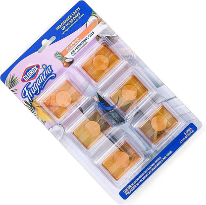 Clorox Fraganzia Stick-On Gel Fresheners, Island Escape Trash Can Deodorizer Up to 30 Days Scent, Odor Absorber for Kitchen, Bathroom, Closet, No Plug or Batteries, 0.12 Fl Oz, 6 Count