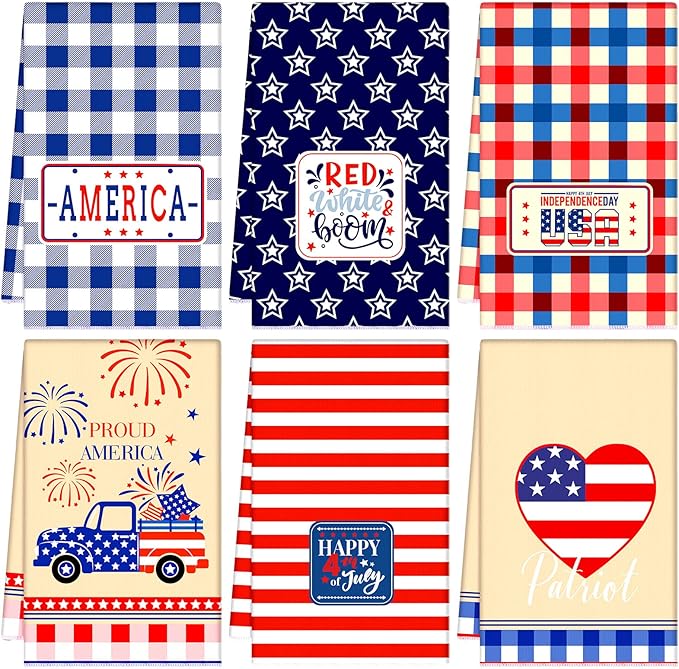 Zubebe 6 Pieces 4th of July Kitchen Dish Towel American Flag 18 x 28 Inch Hand Towel Patriotic Star Stripe Decorative Dishcloth White Blue Red Dish Towels for Memorial Independence Day